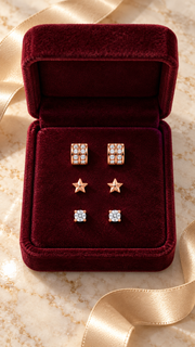 Double Row, Star & Solitaire Stud Earrings Set - Aaryahi Silver jewellery product photo