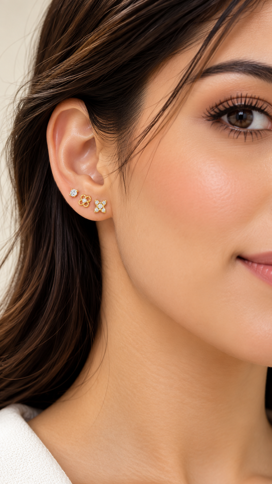 CZ Floral & Solitaire Stud Earrings Set of 3 Pairs - Aaryahi Silver jewellery product photo