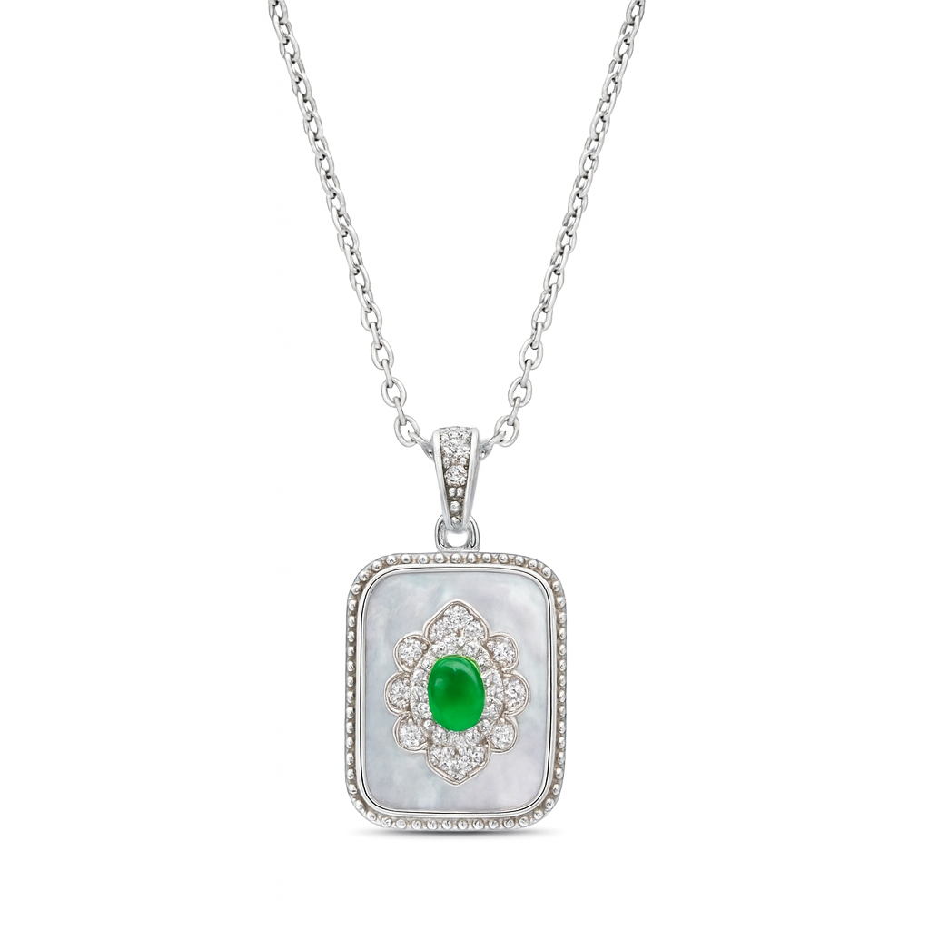 925 Silver Emerald Green Stone Pendant Necklace for Women – Vintage Rectangular Pearl Base Design