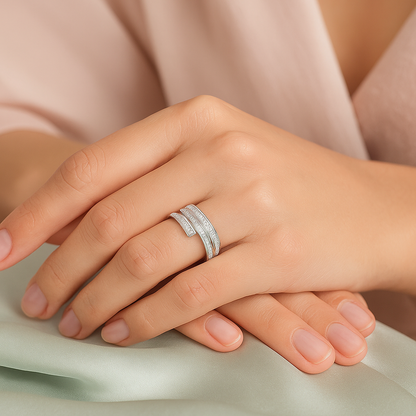 Double Row Cuff Style 925 Silver Zircon Band Ring