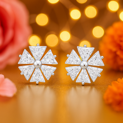 925 Silver Triangle Petal Floral Stud Earrings for Women