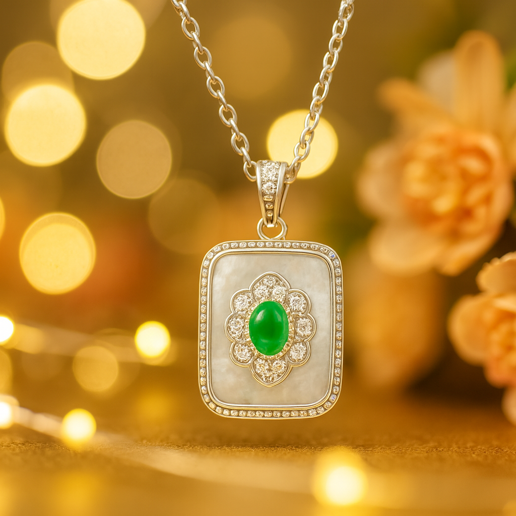 925 Silver Emerald Green Stone Pendant Necklace for Women – Vintage Rectangular Pearl Base Design