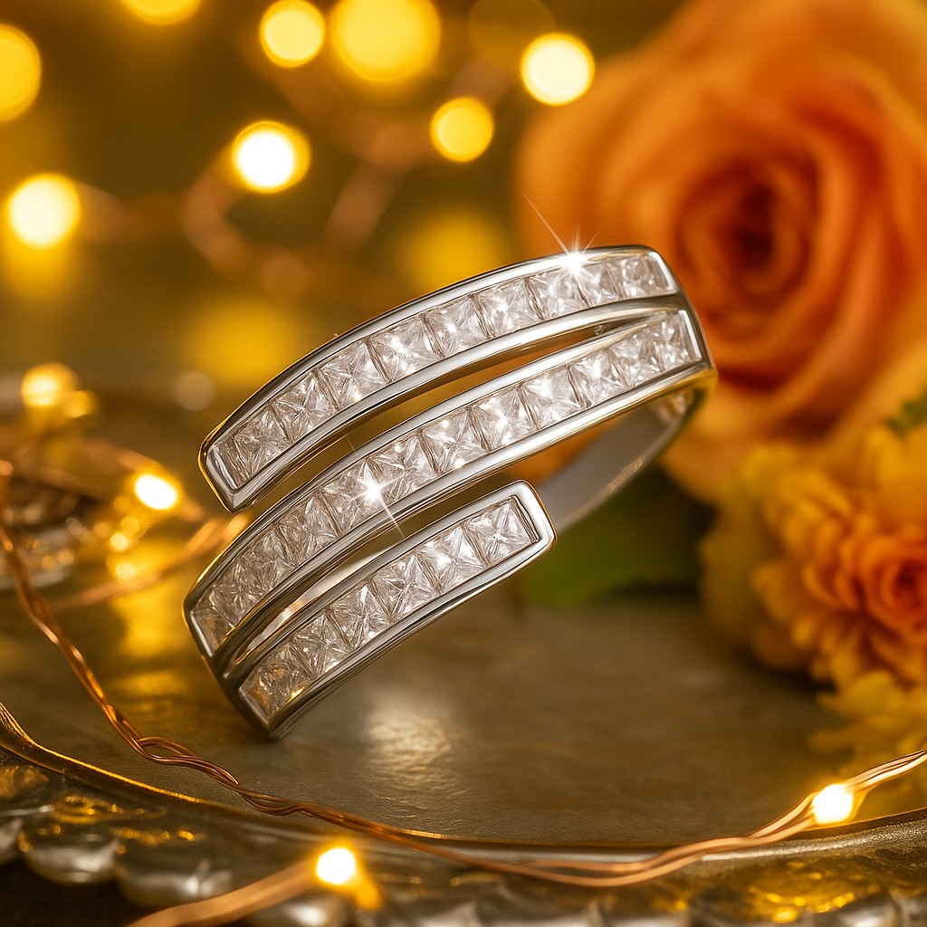 Double Row Cuff Style 925 Silver Zircon Band Ring