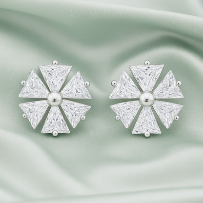 925 Silver Triangle Petal Floral Stud Earrings for Women
