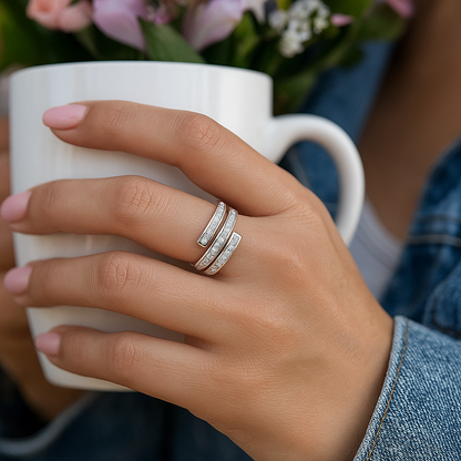 Double Row Cuff Style 925 Silver Zircon Band Ring