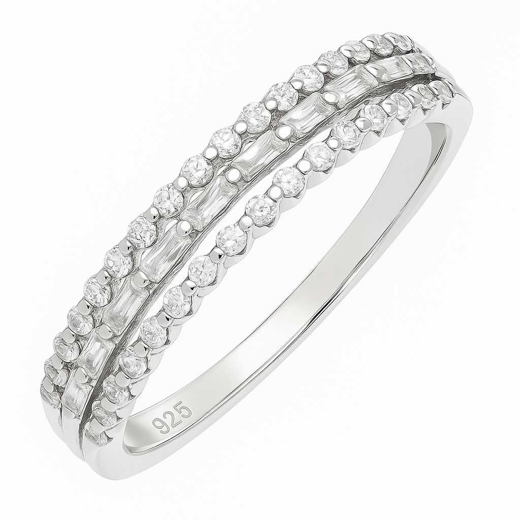 Triple Row Elegant 925 Silver Band Ring with Zircon Detailing