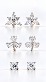 Marquise Floral Cluster, Three Leaf Clover Solitaire Stud Earrings Set – 3 Pairs - Aaryahi Silver jewellery product photo