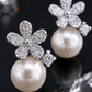 Silver Floral CZ Pearl Drop Stud Earrings for Women