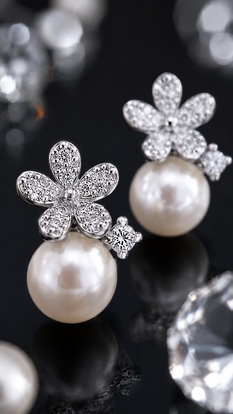 Silver Floral CZ Pearl Drop Stud Earrings for Women