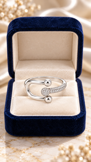 Silver CZ Double Ball Open Adjustable Ring