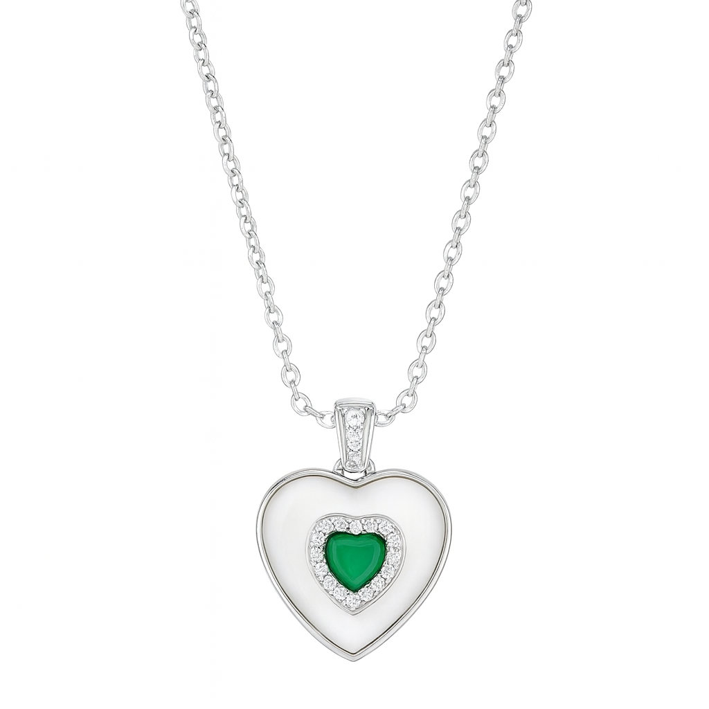 925 Silver Heart Pendant Necklace with Green Stone – Enamel Finish & CZ Accent Chain for Women