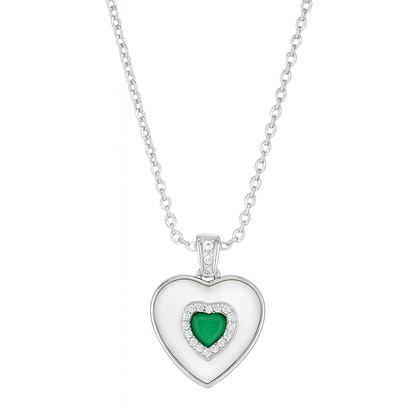 925 Silver Heart Pendant Necklace with Green Stone – Enamel Finish & CZ Accent Chain for Women