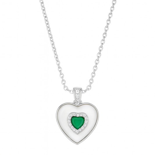 925 Silver Heart Pendant Necklace with Green Stone – Enamel Finish & CZ Accent Chain for Women
