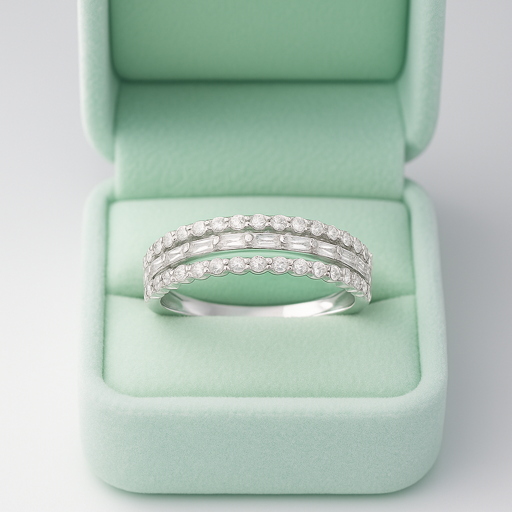 Triple Row Elegant 925 Silver Band Ring with Zircon Detailing