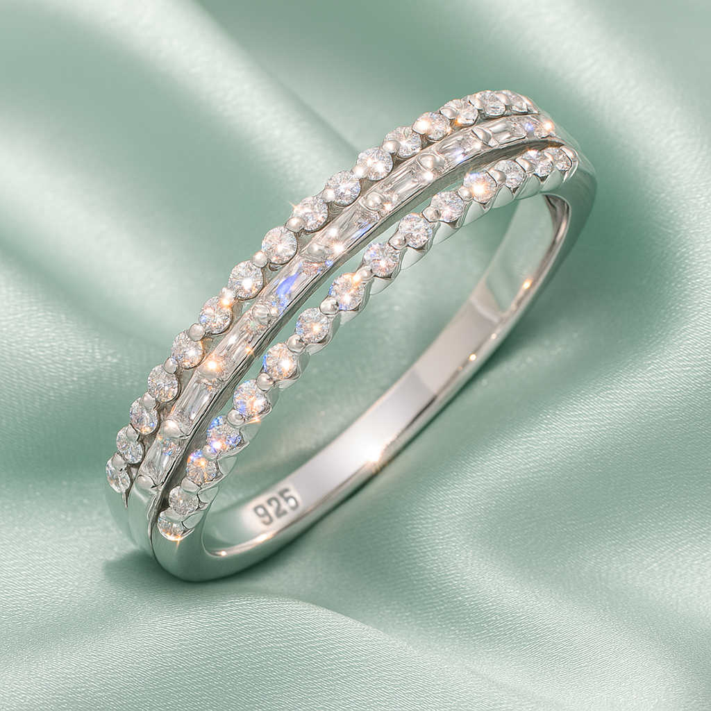 Triple Row Elegant 925 Silver Band Ring with Zircon Detailing