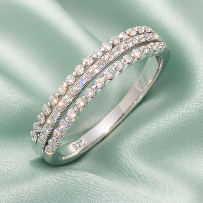 Triple Row Elegant 925 Silver Band Ring with Zircon Detailing