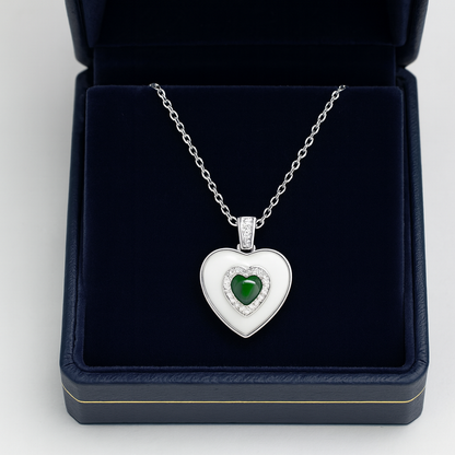 925 Silver Heart Pendant Necklace with Green Stone – Enamel Finish & CZ Accent Chain for Women
