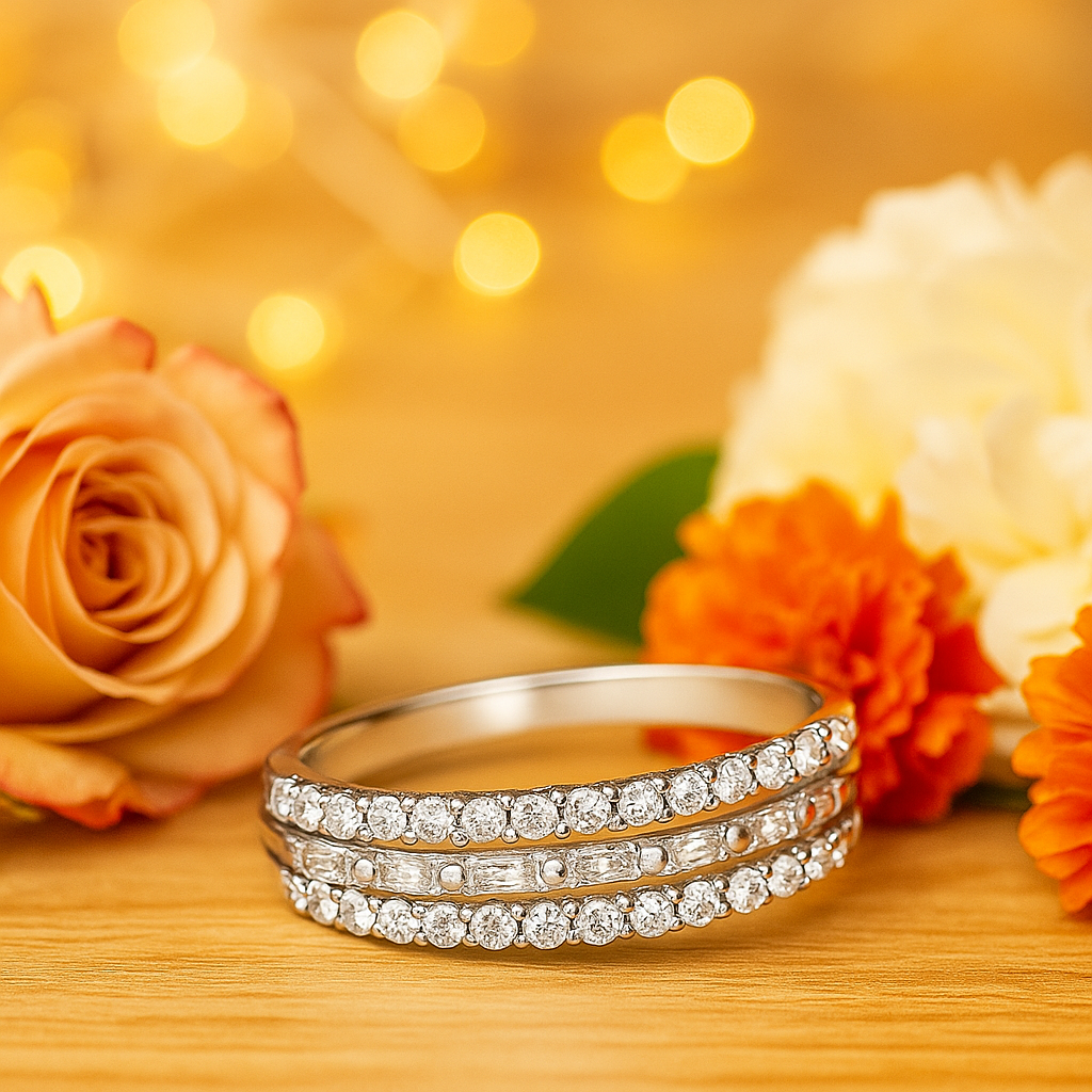 Triple Row Elegant 925 Silver Band Ring with Zircon Detailing