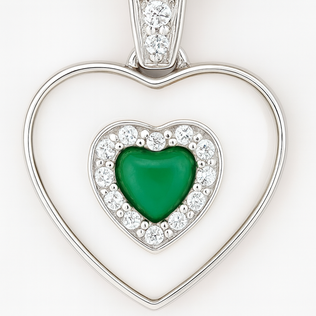 925 Silver Heart Pendant Necklace with Green Stone – Enamel Finish & CZ Accent Chain for Women