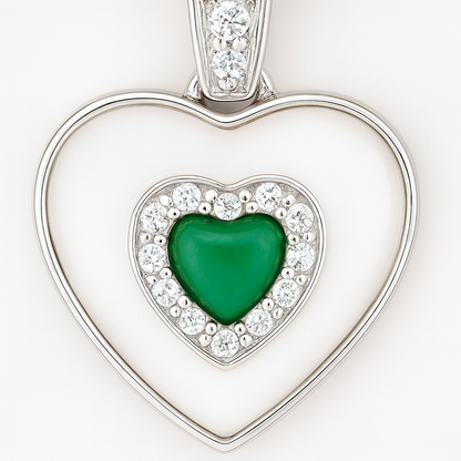 925 Silver Heart Pendant Necklace with Green Stone – Enamel Finish & CZ Accent Chain for Women