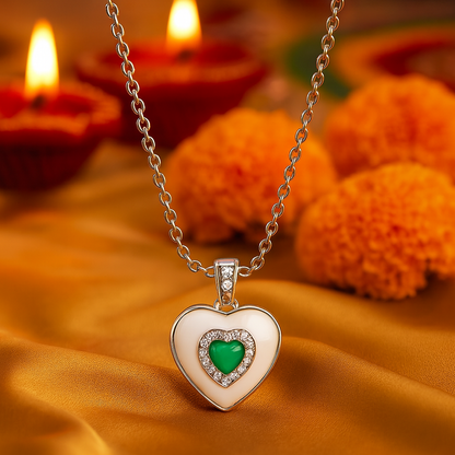 925 Silver Heart Pendant Necklace with Green Stone – Enamel Finish & CZ Accent Chain for Women