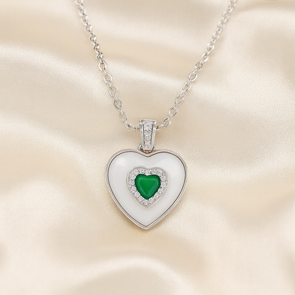925 Silver Heart Pendant Necklace with Green Stone – Enamel Finish & CZ Accent Chain for Women