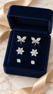 Butterfly, Floral Cluster Solitaire Stud Earrings Set - Aaryahi Silver jewellery product photo