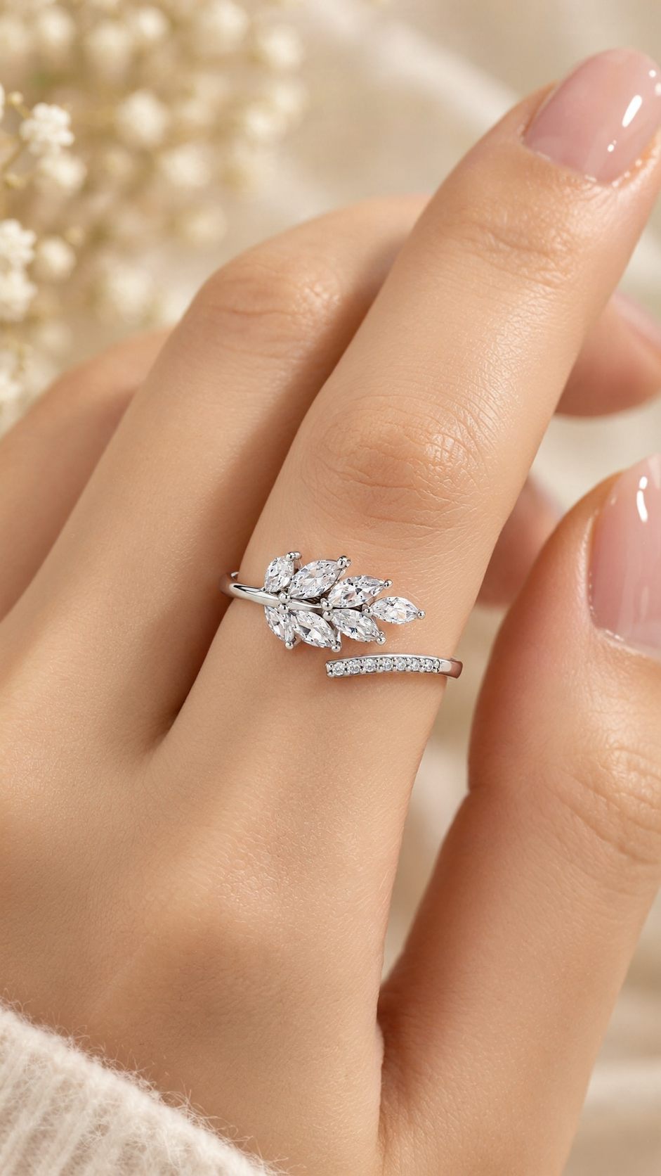 925 Silver CZ Marquise Leaf Adjustable Ring