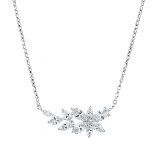 925 Silver Floral Cluster CZ Necklace for Women – Elegant Leaf Petal Design Chain