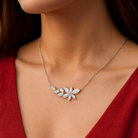 925 Silver Floral Cluster CZ Necklace for Women – Elegant Leaf Petal Design Chain