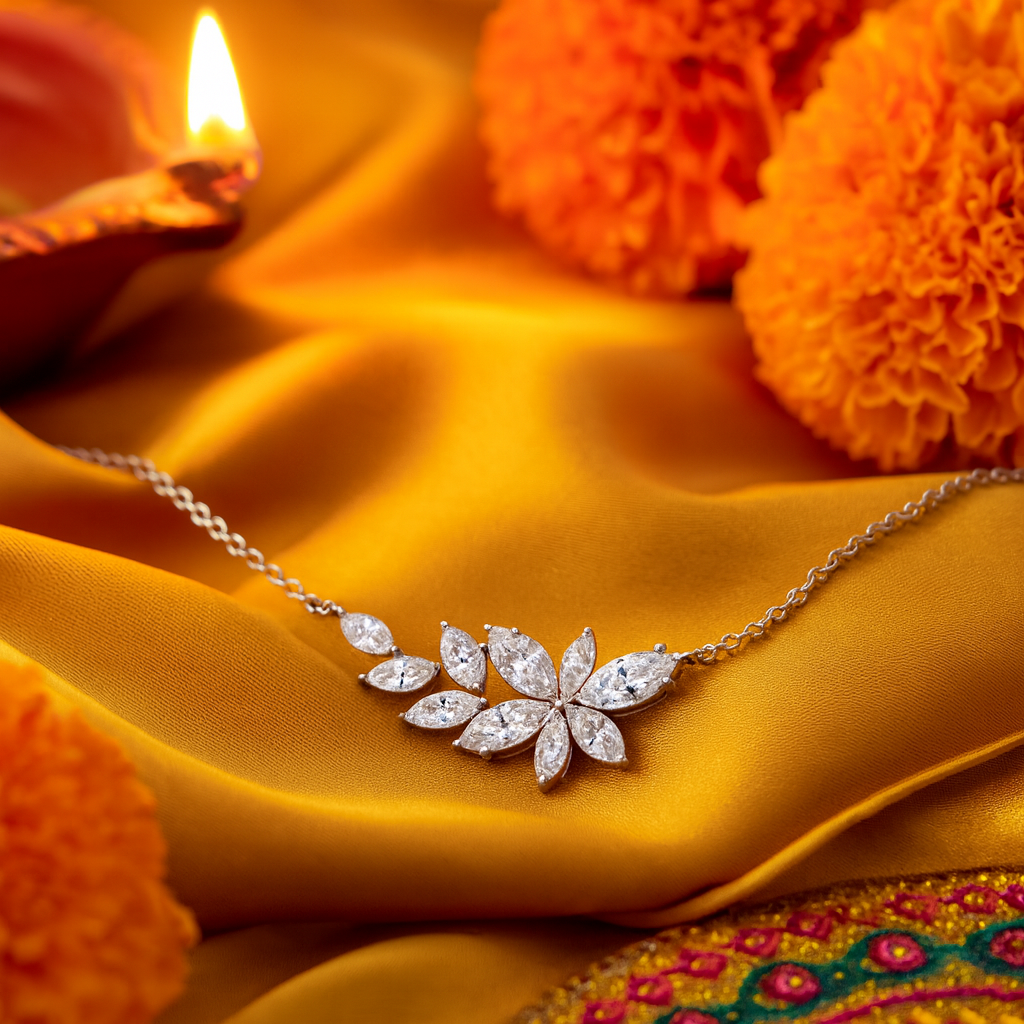 925 Silver Floral Cluster CZ Necklace for Women – Elegant Leaf Petal Design Chain