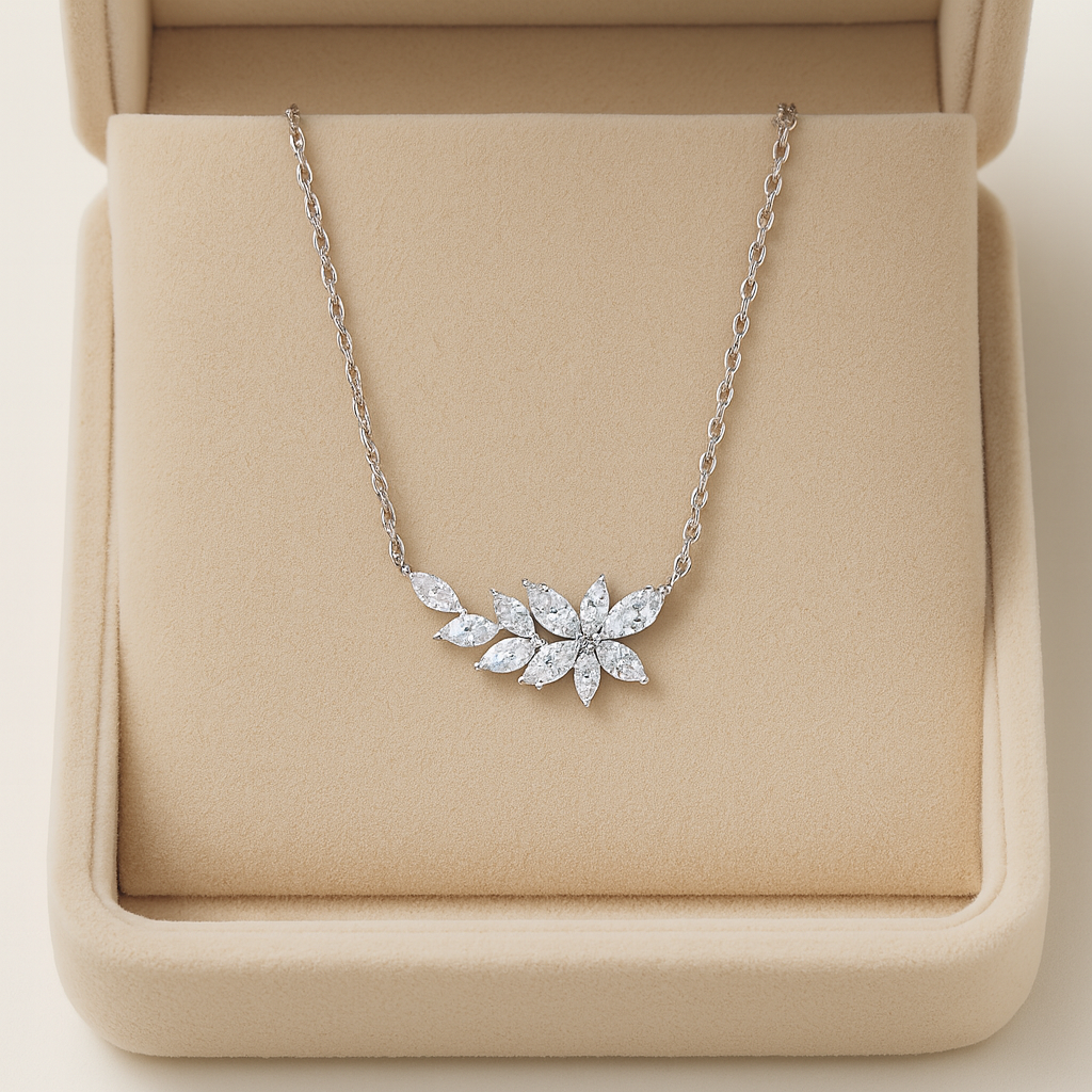 925 Silver Floral Cluster CZ Necklace for Women – Elegant Leaf Petal Design Chain