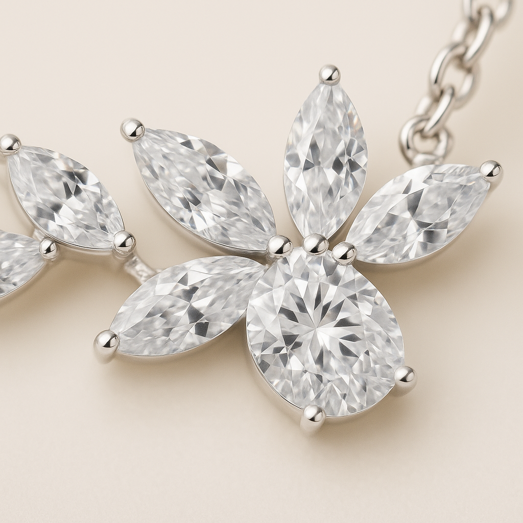 925 Silver Floral Cluster CZ Necklace for Women – Elegant Leaf Petal Design Chain