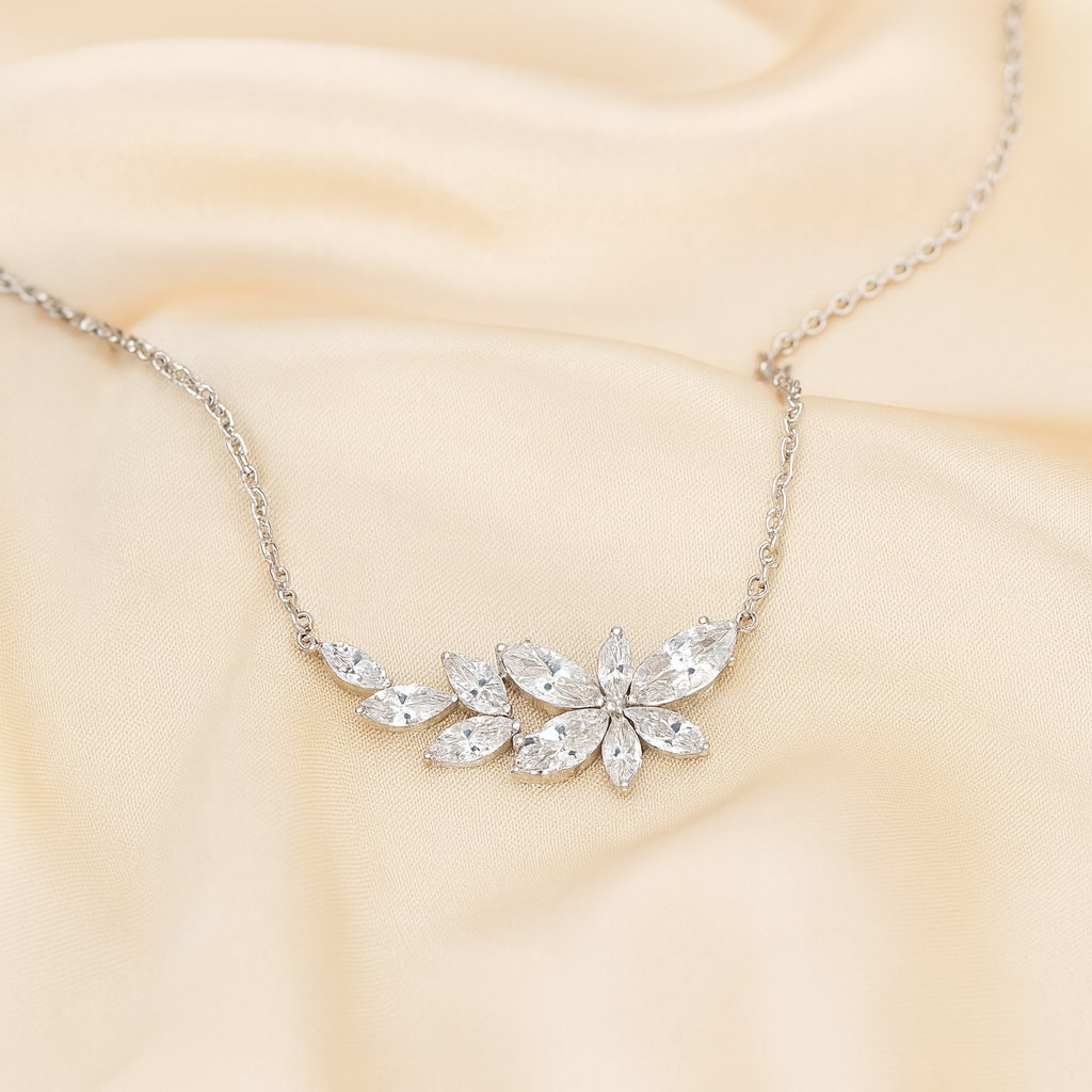 925 Silver Floral Cluster CZ Necklace for Women – Elegant Leaf Petal Design Chain