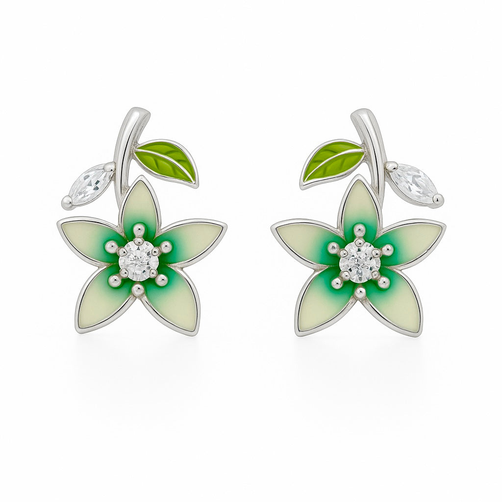 Green Enamel Floral Stud Earrings for Women | Sparkling CZ Center