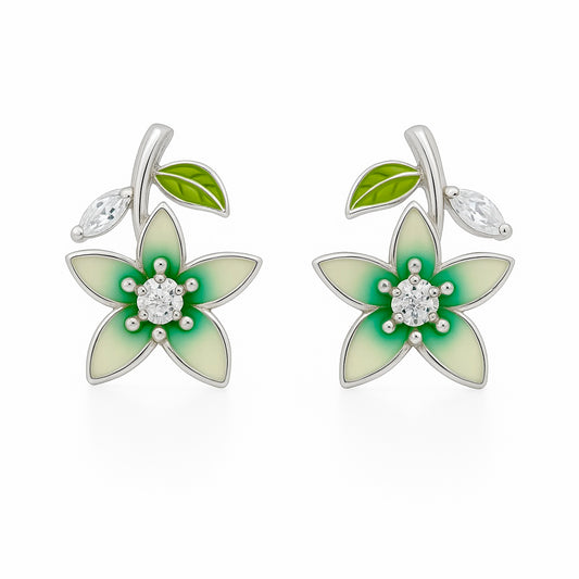 Green Enamel Floral Stud Earrings for Women | Sparkling CZ Center
