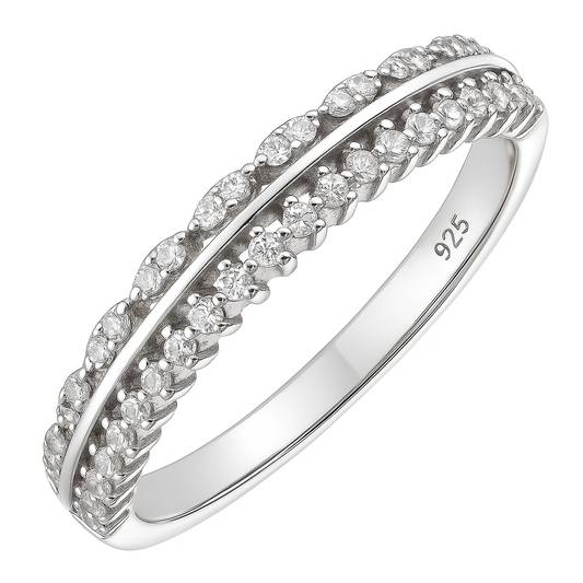 Stylish Leaf Pattern 925 Silver Band Ring with Zircon Stones