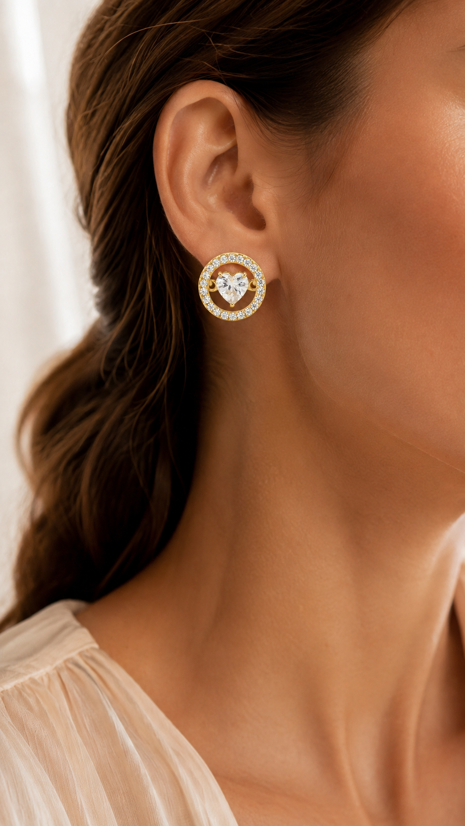 Elegant Gold Open Circle Heart Crystal Halo Stud Earrings