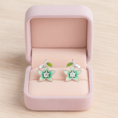 Green Enamel Floral Stud Earrings for Women | Sparkling CZ Center
