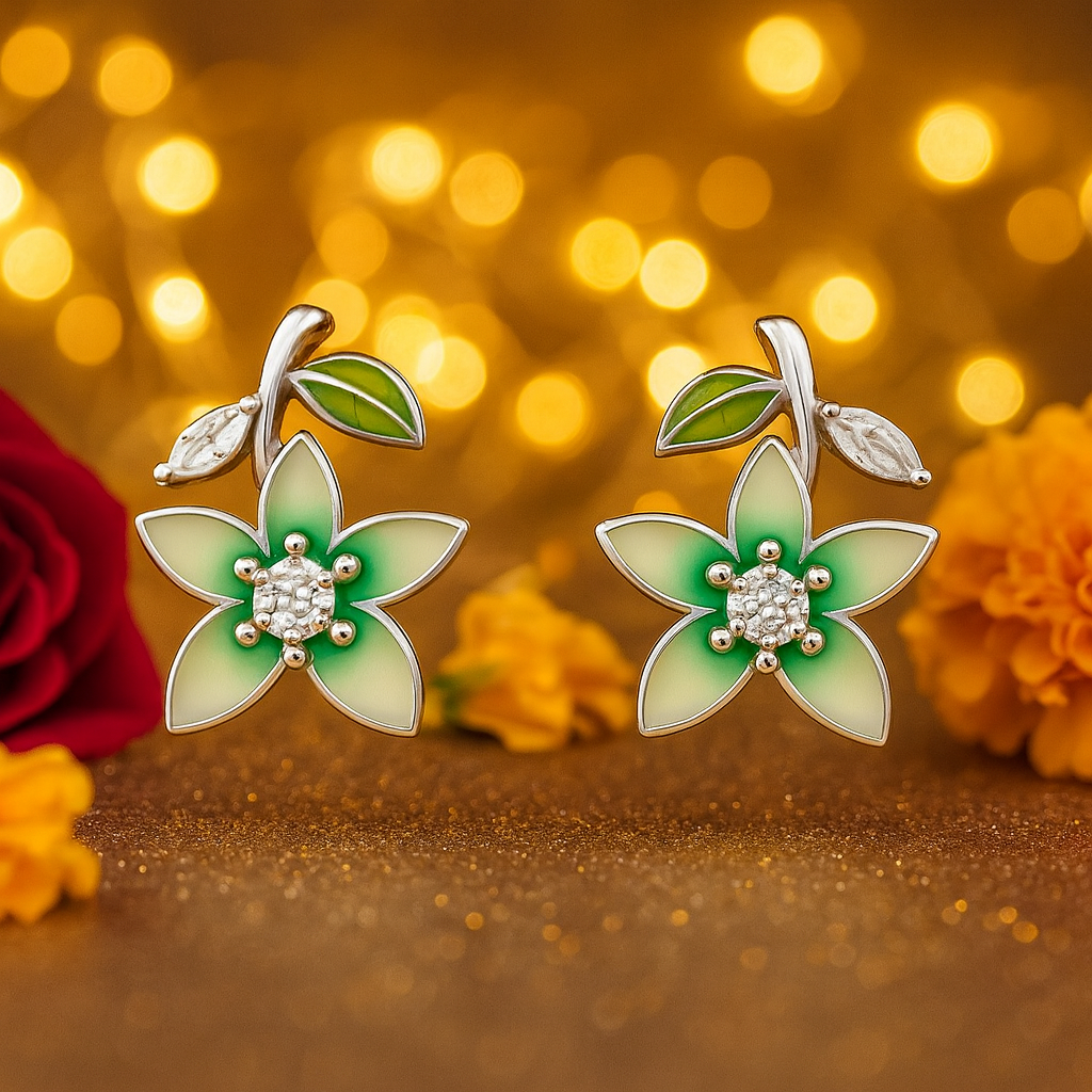 Green Enamel Floral Stud Earrings for Women | Sparkling CZ Center