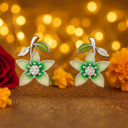 Green Enamel Floral Stud Earrings for Women | Sparkling CZ Center