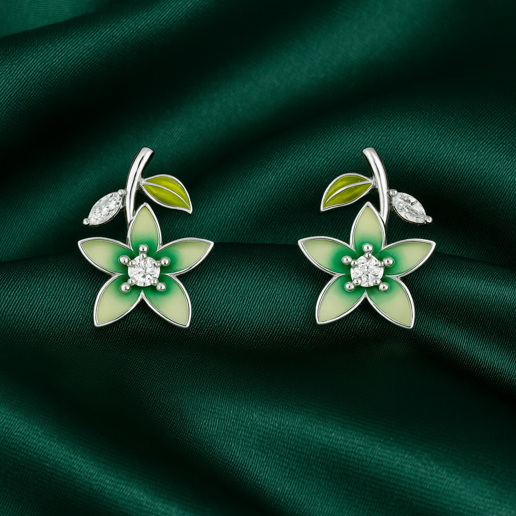 Green Enamel Floral Stud Earrings for Women | Sparkling CZ Center