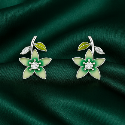 Green Enamel Floral Stud Earrings for Women | Sparkling CZ Center