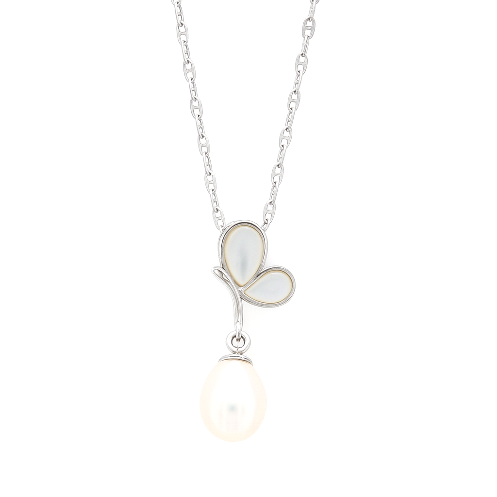 925 Silver Pearl Drop Butterfly Pendant Necklace for Women – Elegant Mother of Pearl Design