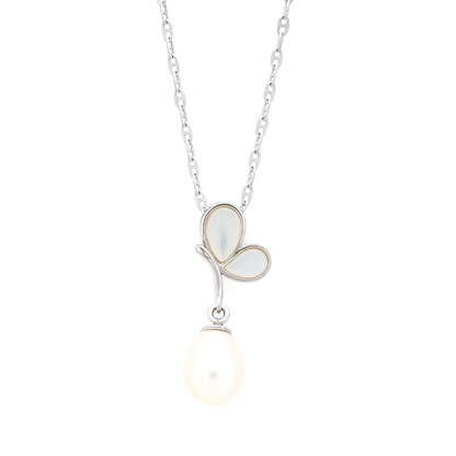 925 Silver Pearl Drop Butterfly Pendant Necklace for Women – Elegant Mother of Pearl Design