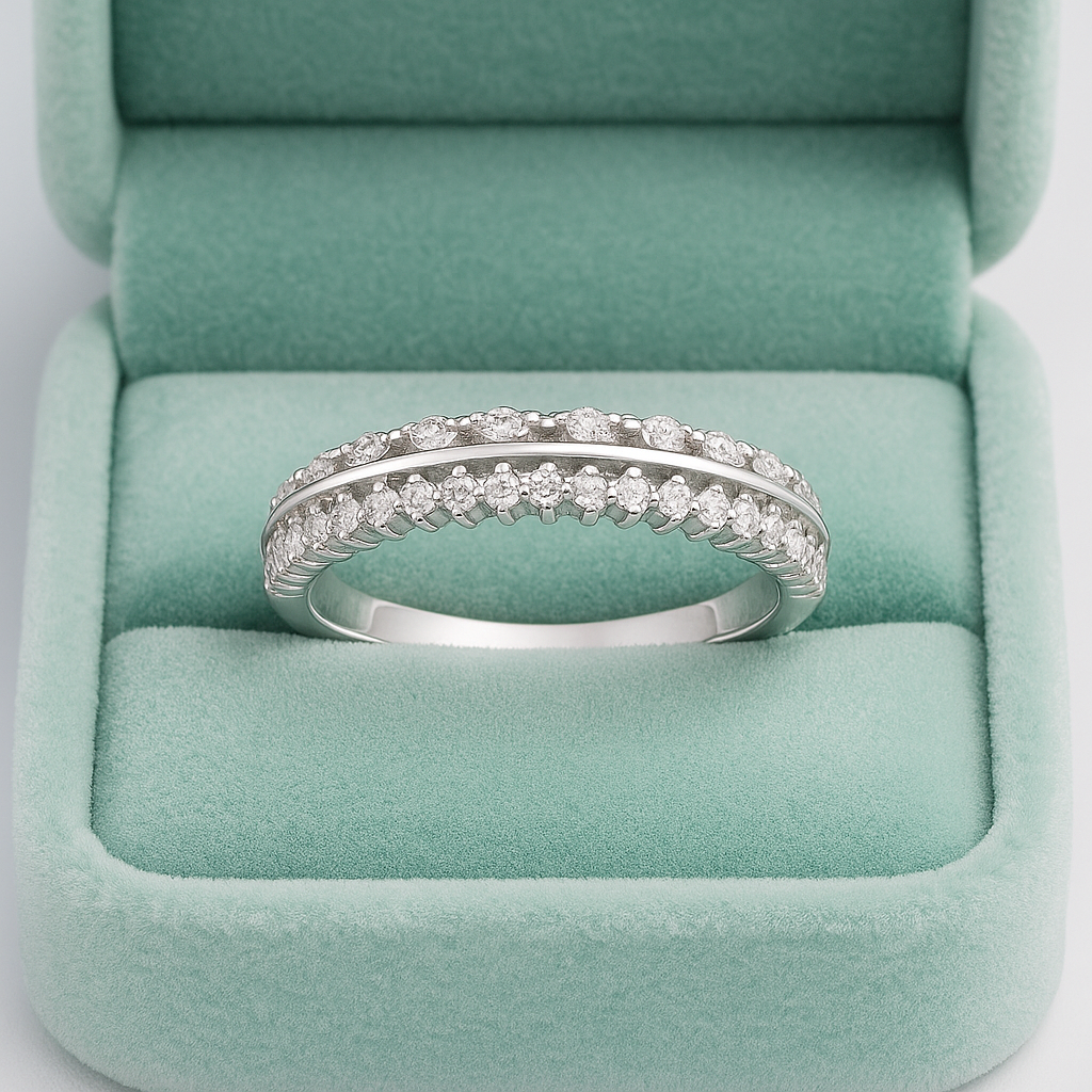 Stylish Leaf Pattern 925 Silver Band Ring with Zircon Stones