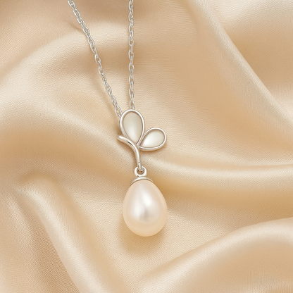 925 Silver Pearl Drop Butterfly Pendant Necklace for Women – Elegant Mother of Pearl Design