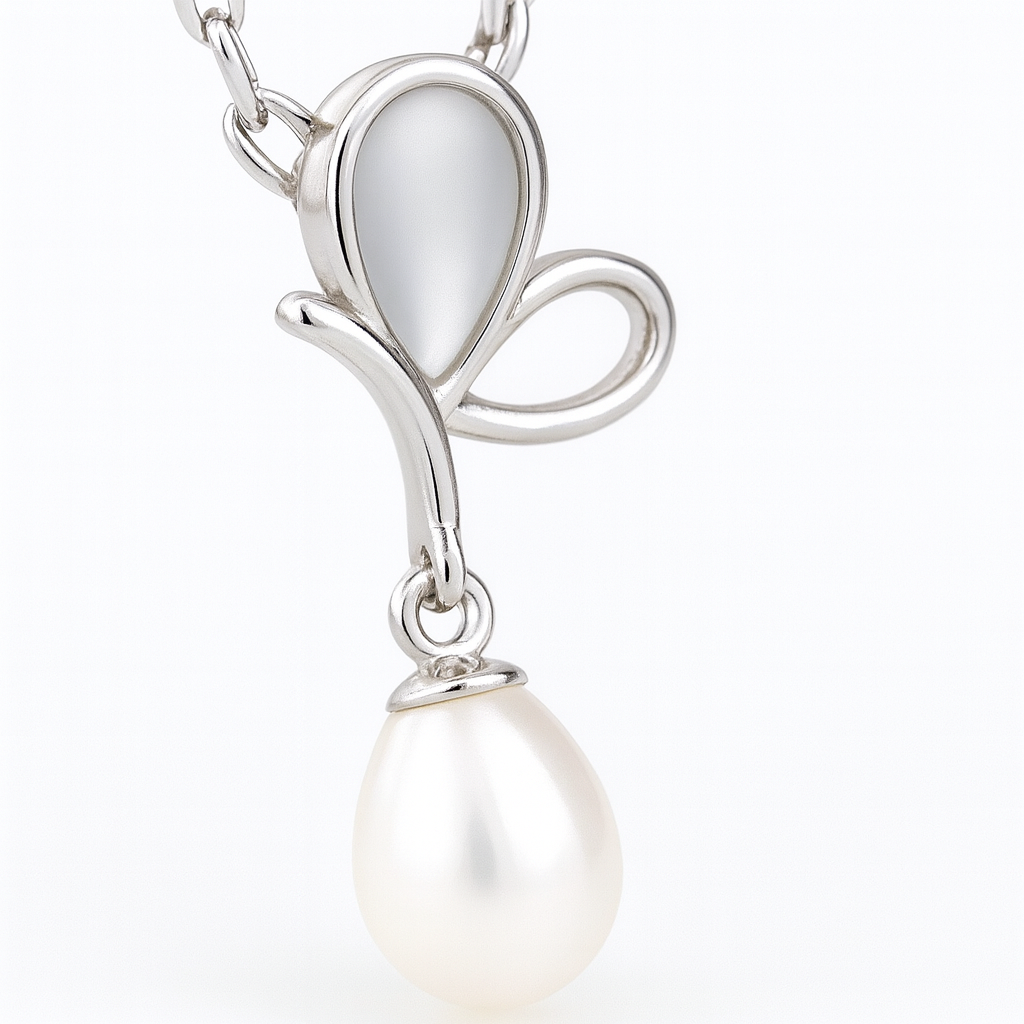 925 Silver Pearl Drop Butterfly Pendant Necklace for Women – Elegant Mother of Pearl Design