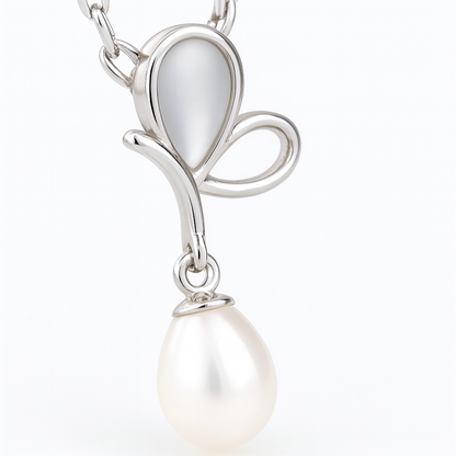 925 Silver Pearl Drop Butterfly Pendant Necklace for Women – Elegant Mother of Pearl Design