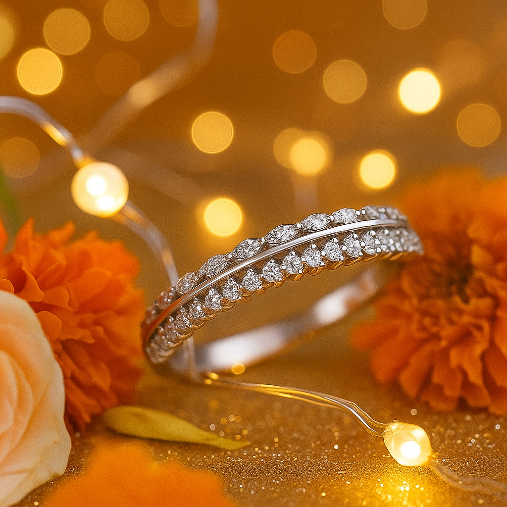 Stylish Leaf Pattern 925 Silver Band Ring with Zircon Stones